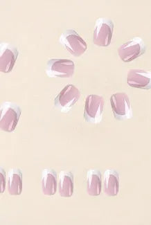 24 white plaid-patterned plastic fake nail tips arranged showing design detail