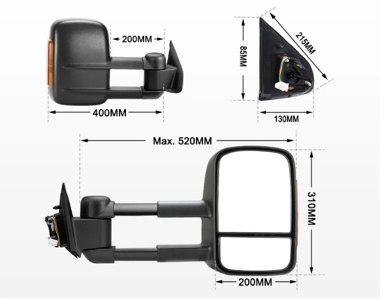 Black electric exterior rear view mirror for Nissan NP300 D23 2015+ with large vision glass and light.