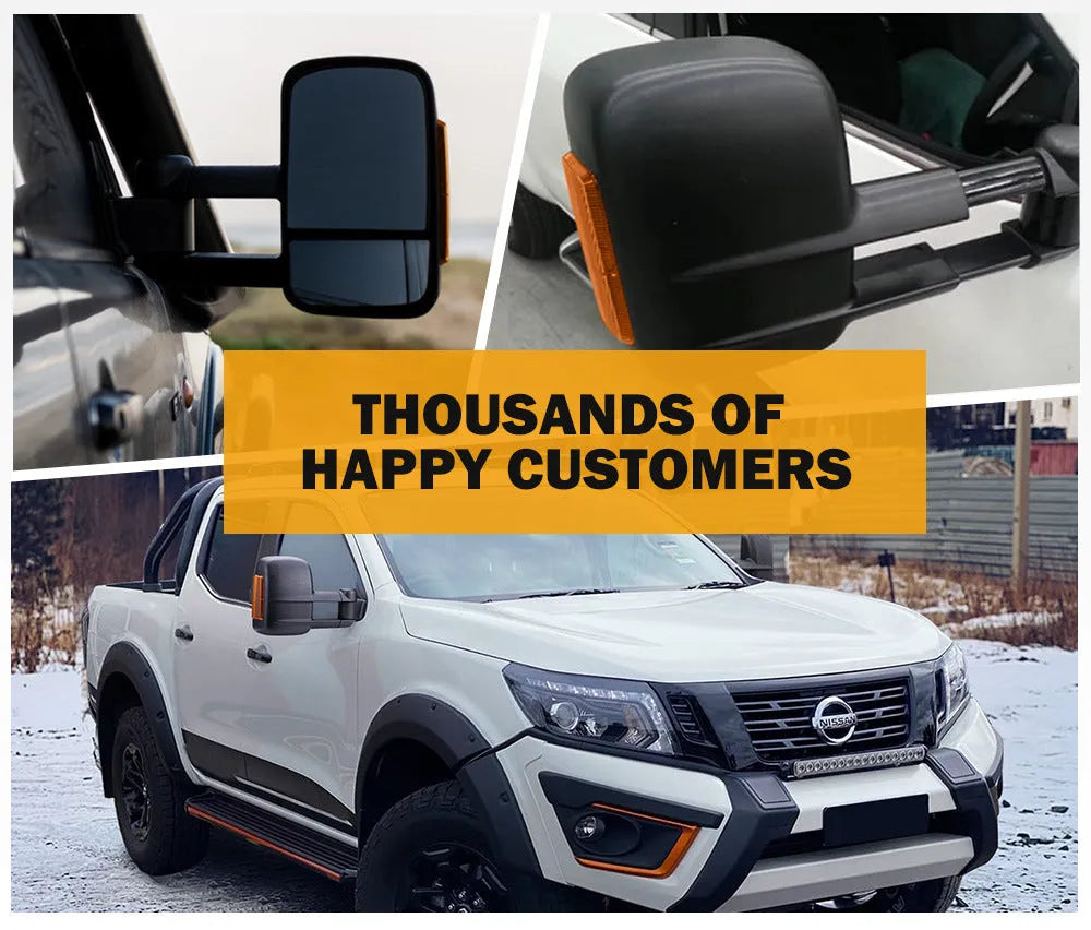 Black electric exterior rear view mirror for Nissan NP300 D23 2015+ with large vision glass and light.