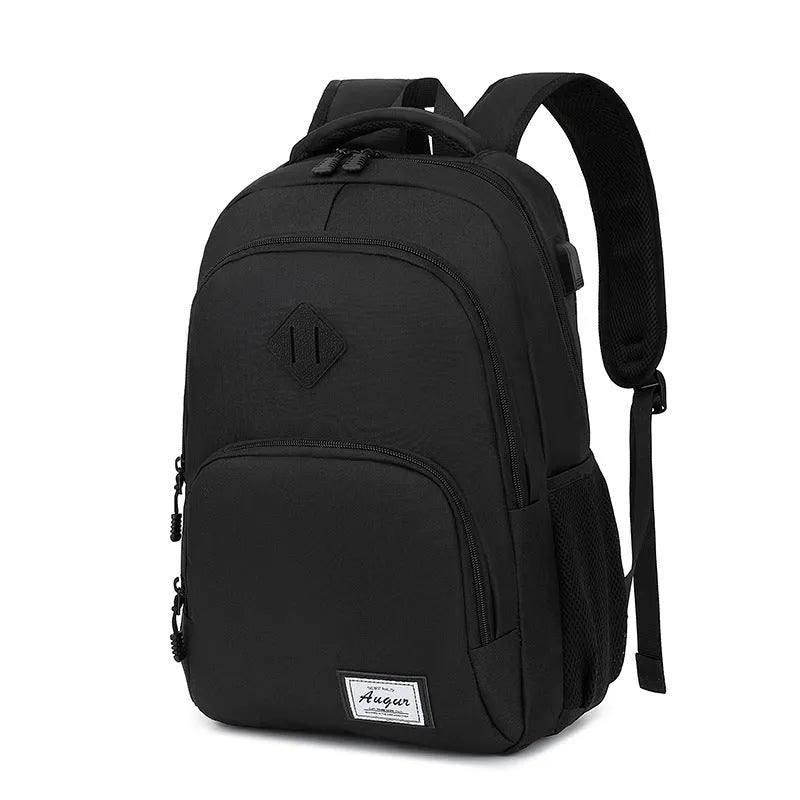 Grey nylon backpack with USB charging port and trolley attachment strap