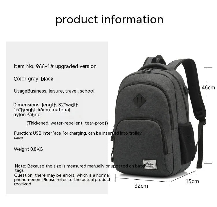 Grey nylon backpack with USB charging port and trolley attachment strap