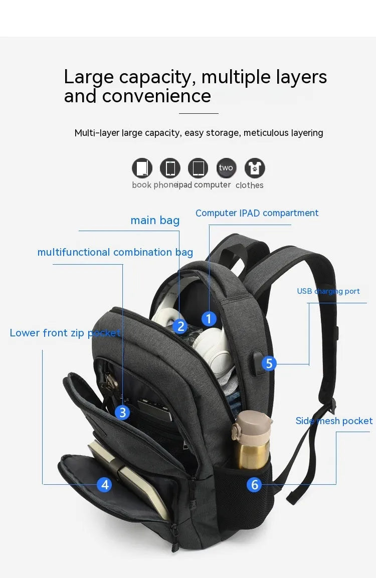 Grey nylon backpack with USB charging port and trolley attachment strap