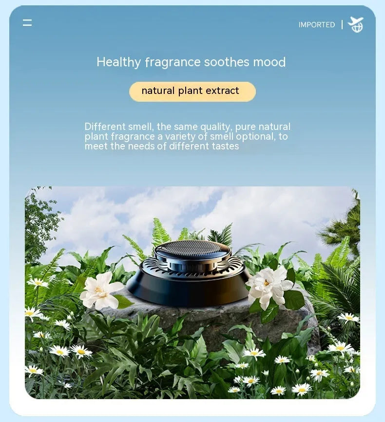 Solar-powered kinetic car air freshener with rotating double rings and wooden fragrance inserts