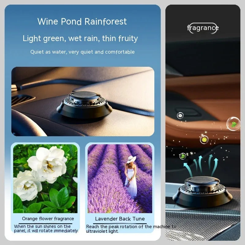 Solar-powered kinetic car air freshener with rotating double rings and wooden fragrance inserts