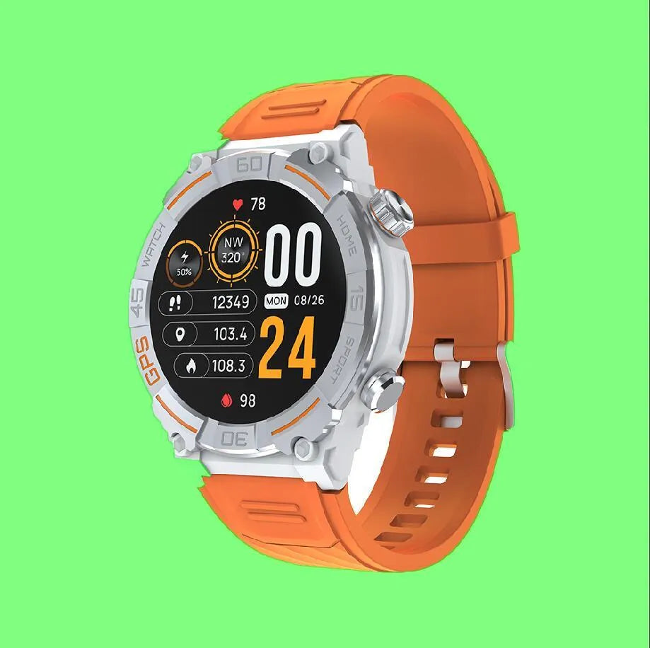 MG02 smart watch in Black, Khaki, or Silver Orange colours showing its TFT screen and strap.