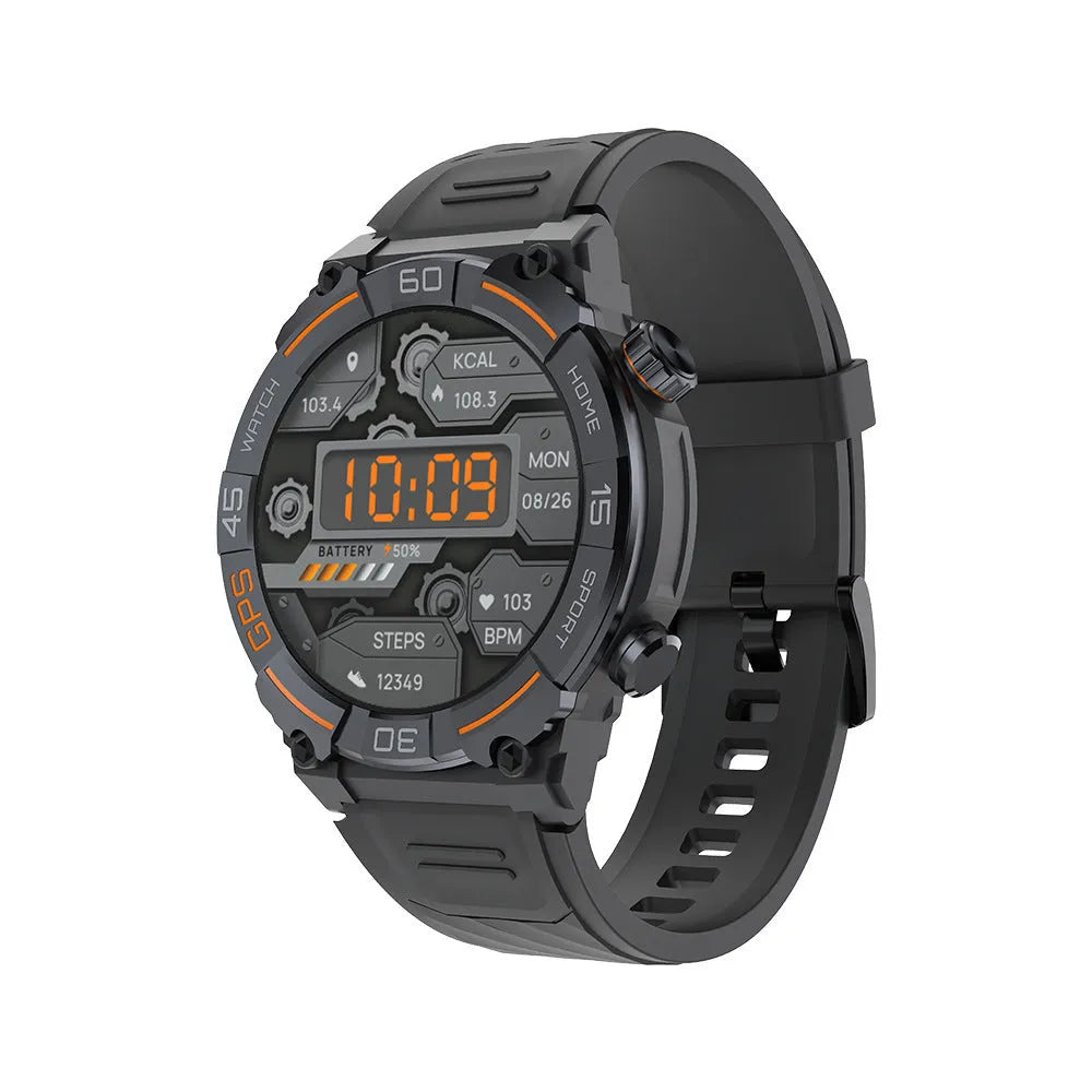 MG02 smart watch in Black, Khaki, or Silver Orange colours showing its TFT screen and strap.