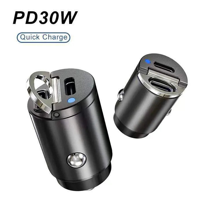 Black mini 30W car cigarette lighter charger body made of zinc alloy measuring 45x20.7mm