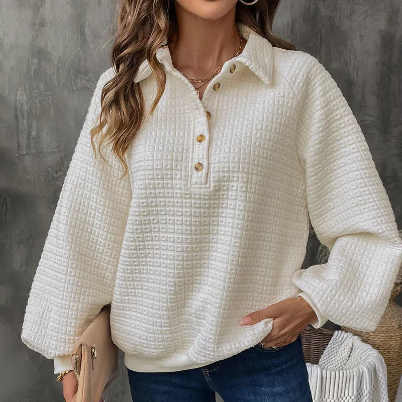 Women's milky white textured polo collar thick knit sweater on a hanger