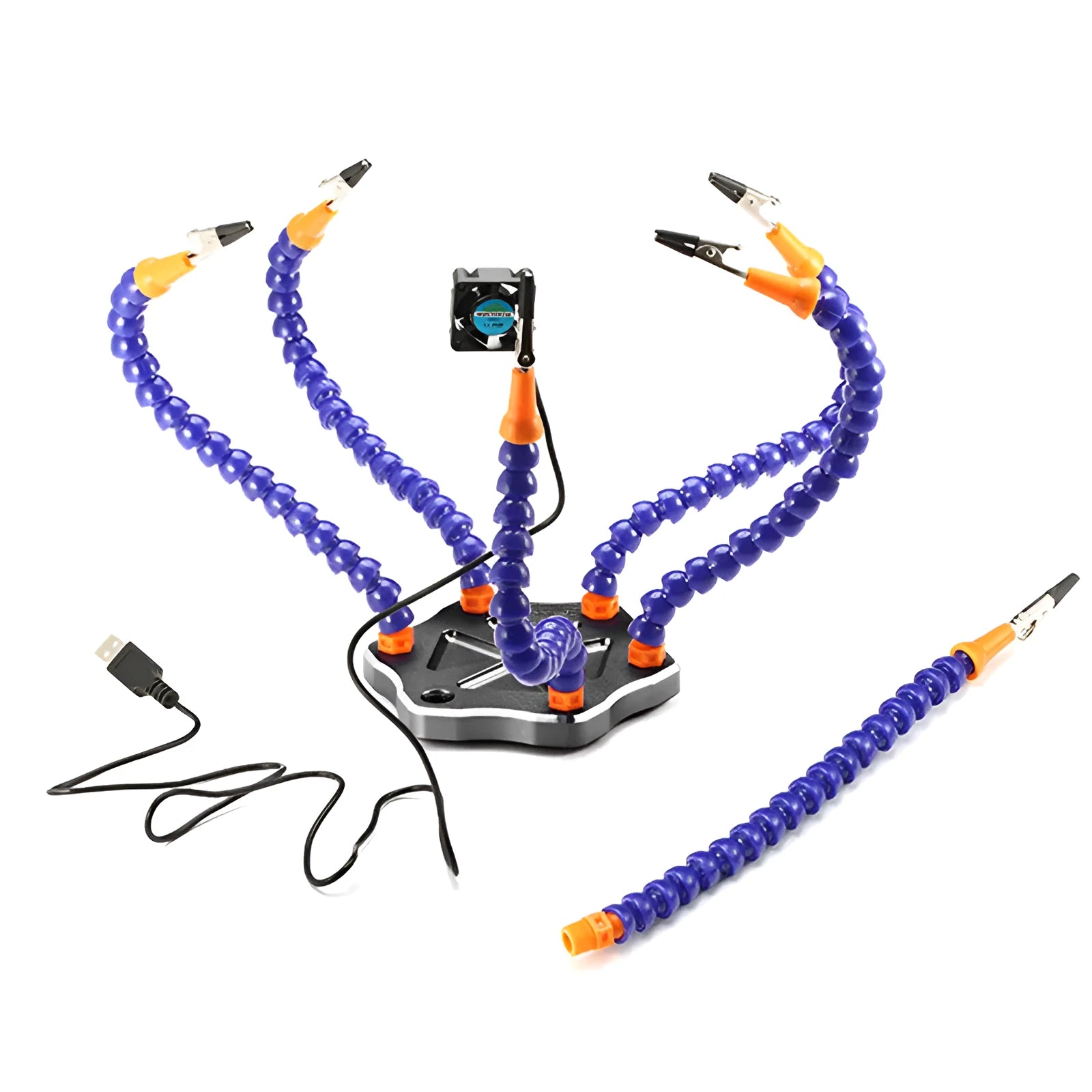 Aluminium six-claw welding station with black base and multiple adjustable arms for model repair.