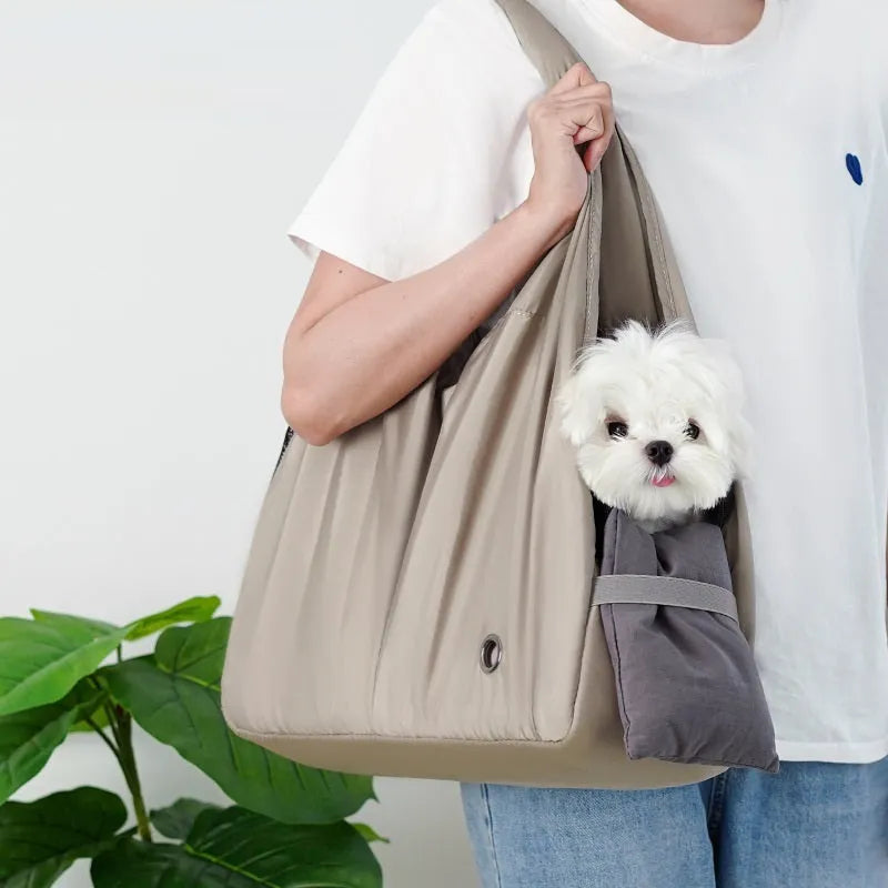 Apricot cloth pet handbag with dimensions 41 x 16 x 28 cm for summer outdoor use
