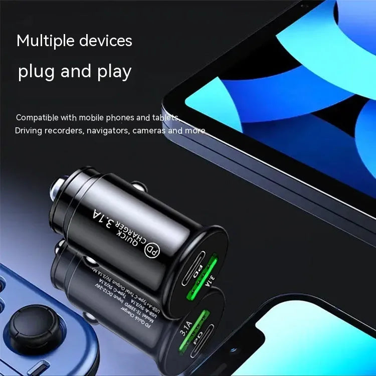 Black dual port car charger with USB-A and USB-C ports for 12V/24V vehicle charging