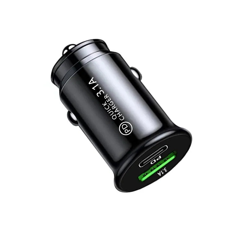 Black dual port car charger with USB-A and USB-C ports for 12V/24V vehicle charging