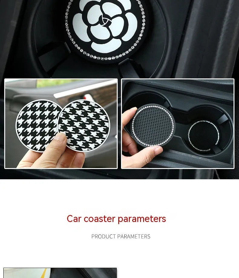 Plastic universal car cup holder mat in a black and white checkerboard pattern