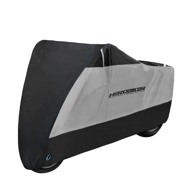 Motorcycle cover in black with anti-theft grommets showing size options M to XXXXL