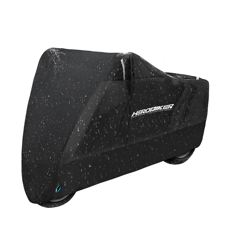 Motorcycle cover in black with anti-theft grommets showing size options M to XXXXL