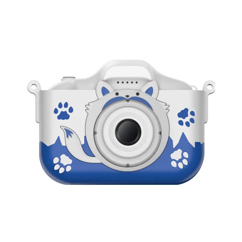 HD Cartoon Children's Digital Camera in blue or orange, showing compact size and included lanyard.