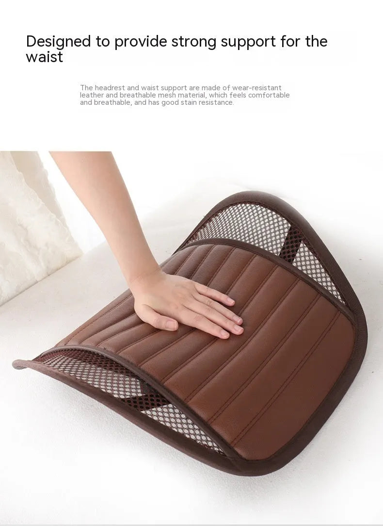 Leather lumbar support cushion for car seats and office chairs shown in one of five colours: sapphire blue, amber brown, black, ivory, or pink.