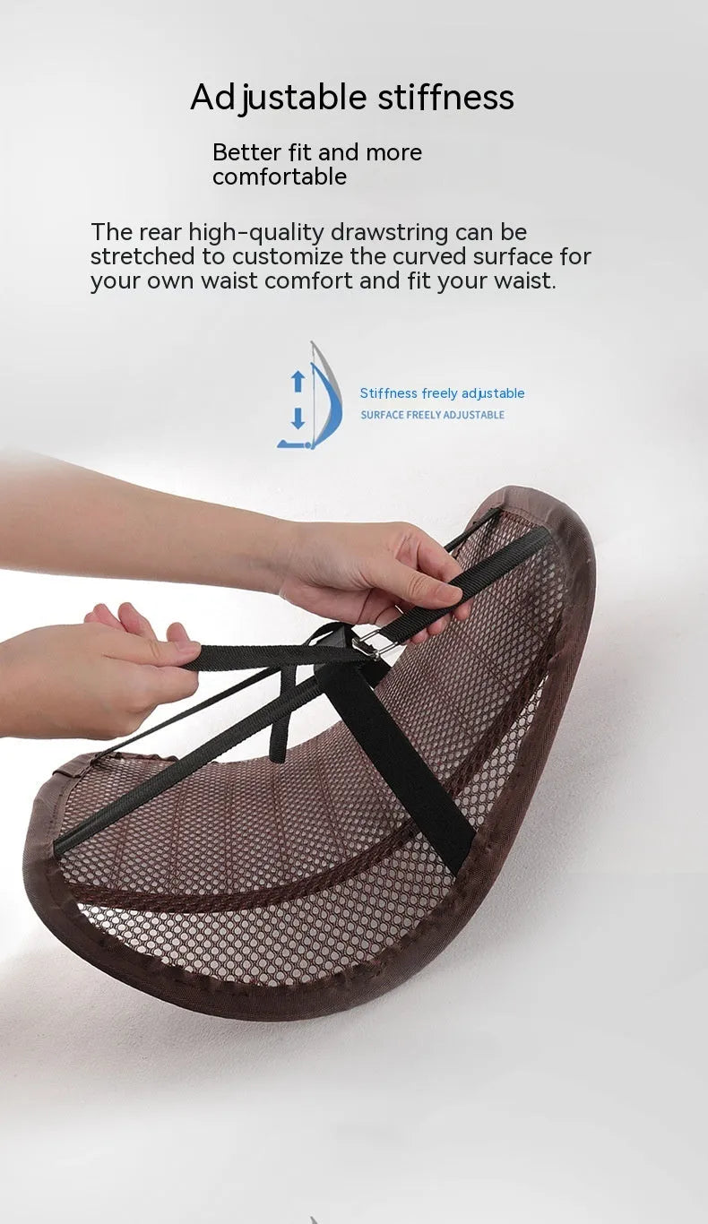 Leather lumbar support cushion for car seats and office chairs shown in one of five colours: sapphire blue, amber brown, black, ivory, or pink.