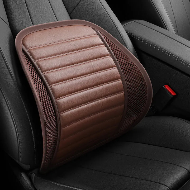 Leather lumbar support cushion for car seats and office chairs shown in one of five colours: sapphire blue, amber brown, black, ivory, or pink.