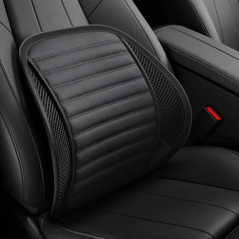 Leather lumbar support cushion for car seats and office chairs shown in one of five colours: sapphire blue, amber brown, black, ivory, or pink.