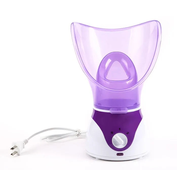 AIDU ion hot spray facial steamer with purple decorative ring and face mask