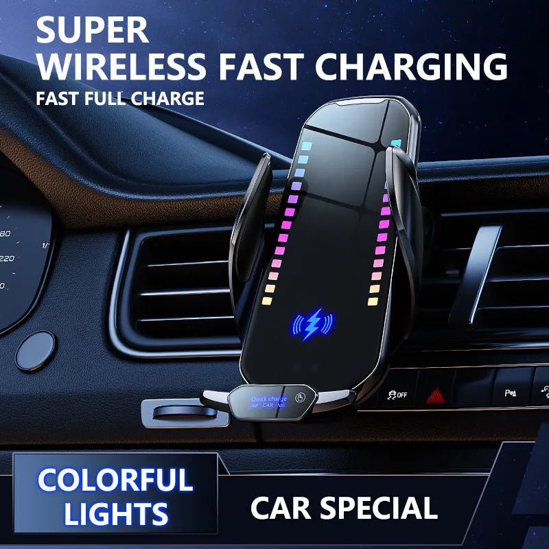 Silver car mobile phone holder with wireless charging on dashboard with suckered pedestal base