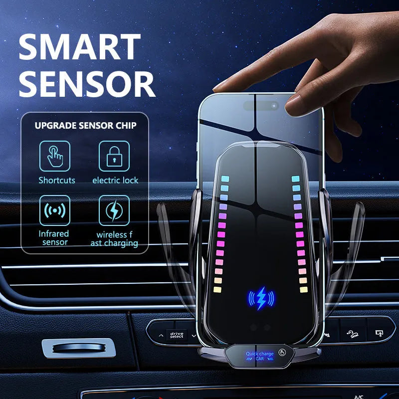 Silver car mobile phone holder with wireless charging on dashboard with suckered pedestal base
