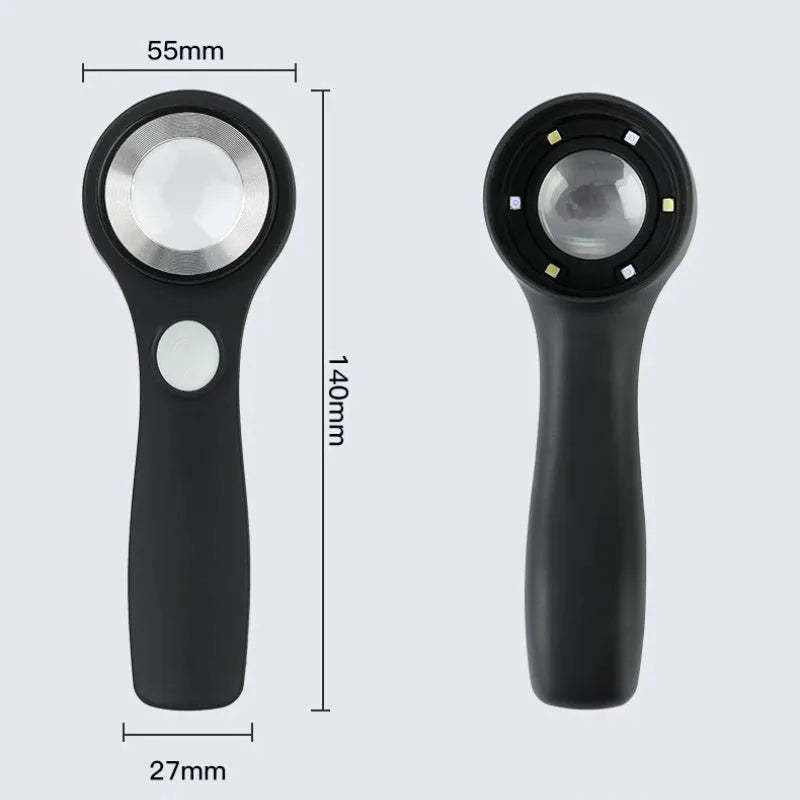 Black and silver USB-C rechargeable magnifying glass for jewellery and collectable appraisal.
