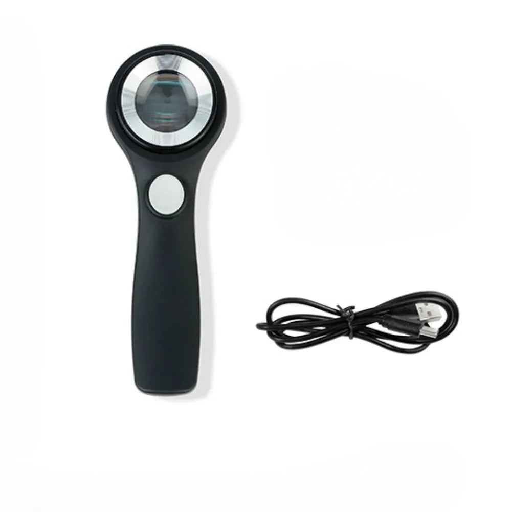 Black and silver USB-C rechargeable magnifying glass for jewellery and collectable appraisal.