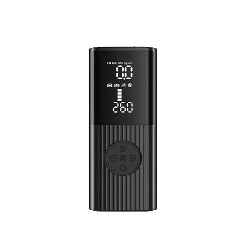 Wireless portable car tyre inflator with LED light, USB port, and multiple air nozzles on a black background.