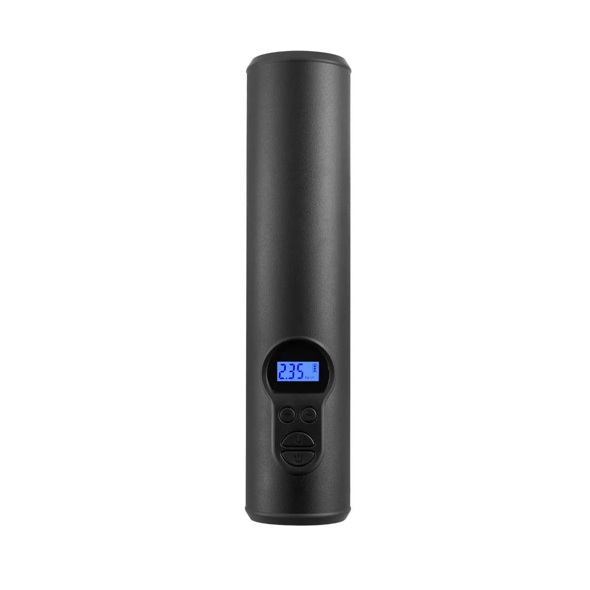 Wireless portable car tyre inflator with LED light, USB port, and multiple air nozzles on a black background.