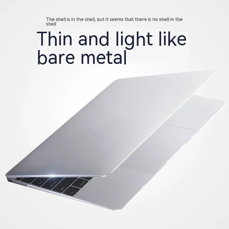 MacBook protective case in plastic shell, shown in crystal black and transparent options, fitted on a MacBook laptop