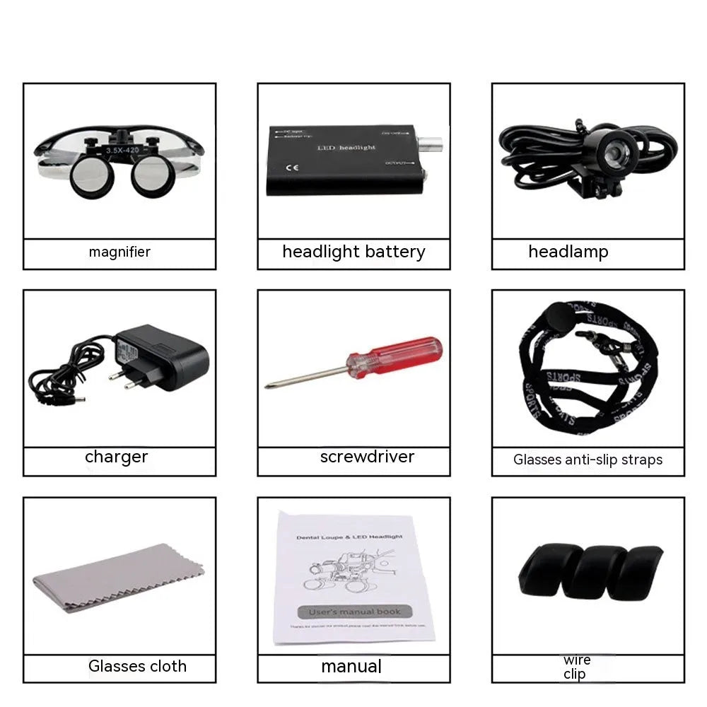Black plastic head-mounted LED magnifying glass with 3.5X lens on an adjustable headband.
