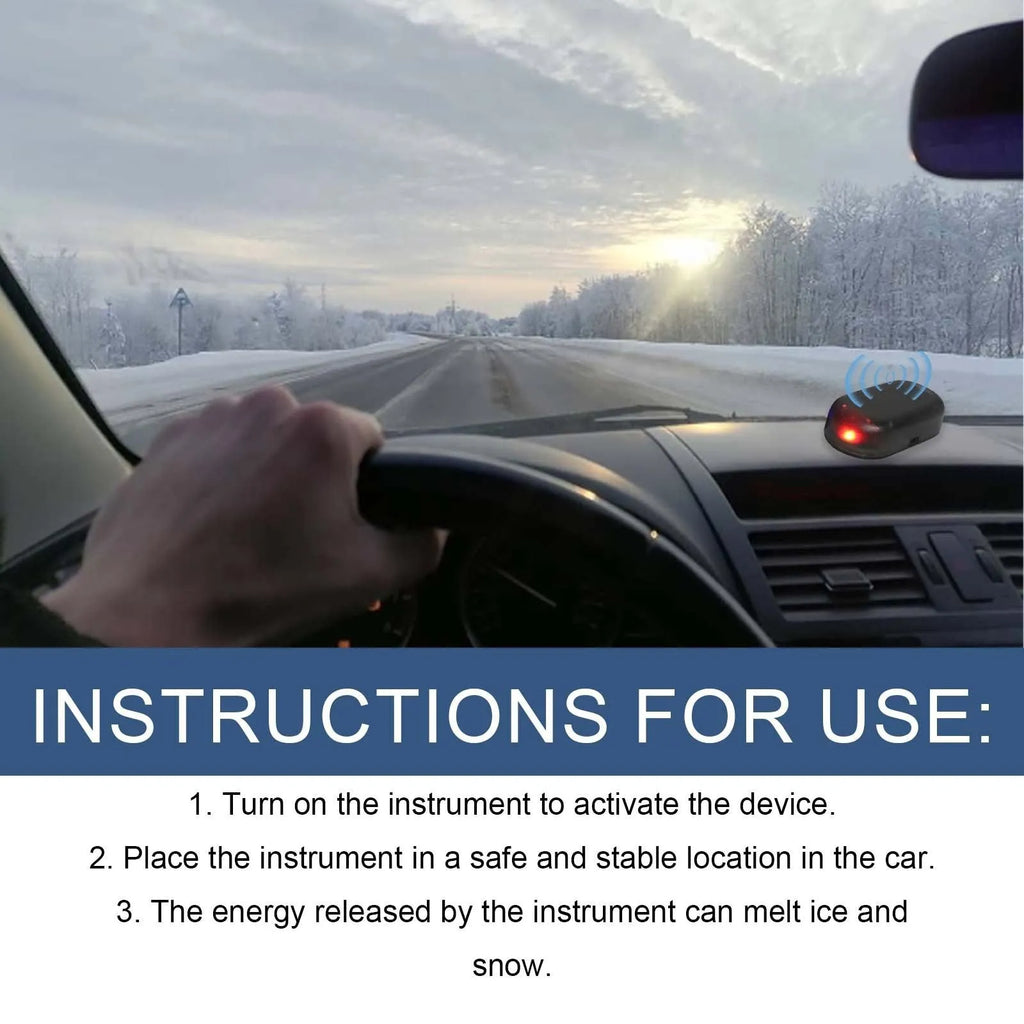 Black car snow removal tool with special glass construction measuring 5cm for deicing and melting snow