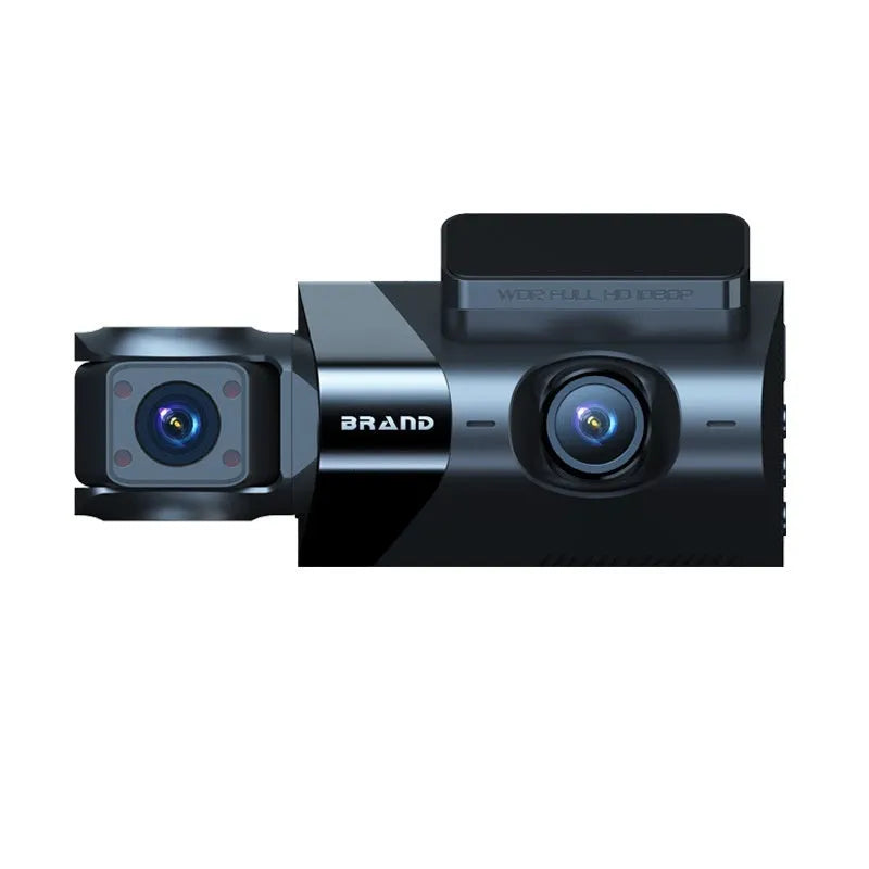Black dashboard camera with 5-inch screen mounted on car windscreen