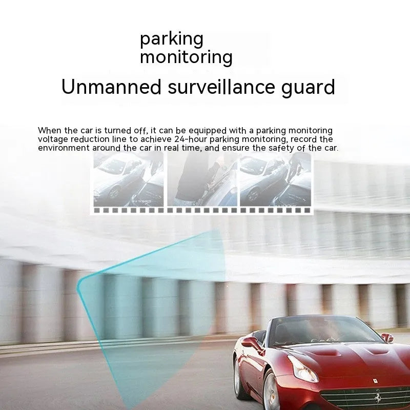Black dashboard camera with 5-inch screen mounted on car windscreen