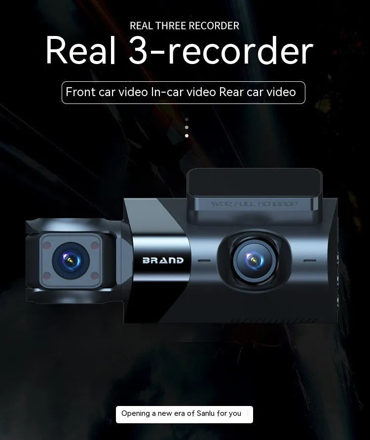 Black dashboard camera with 5-inch screen mounted on car windscreen