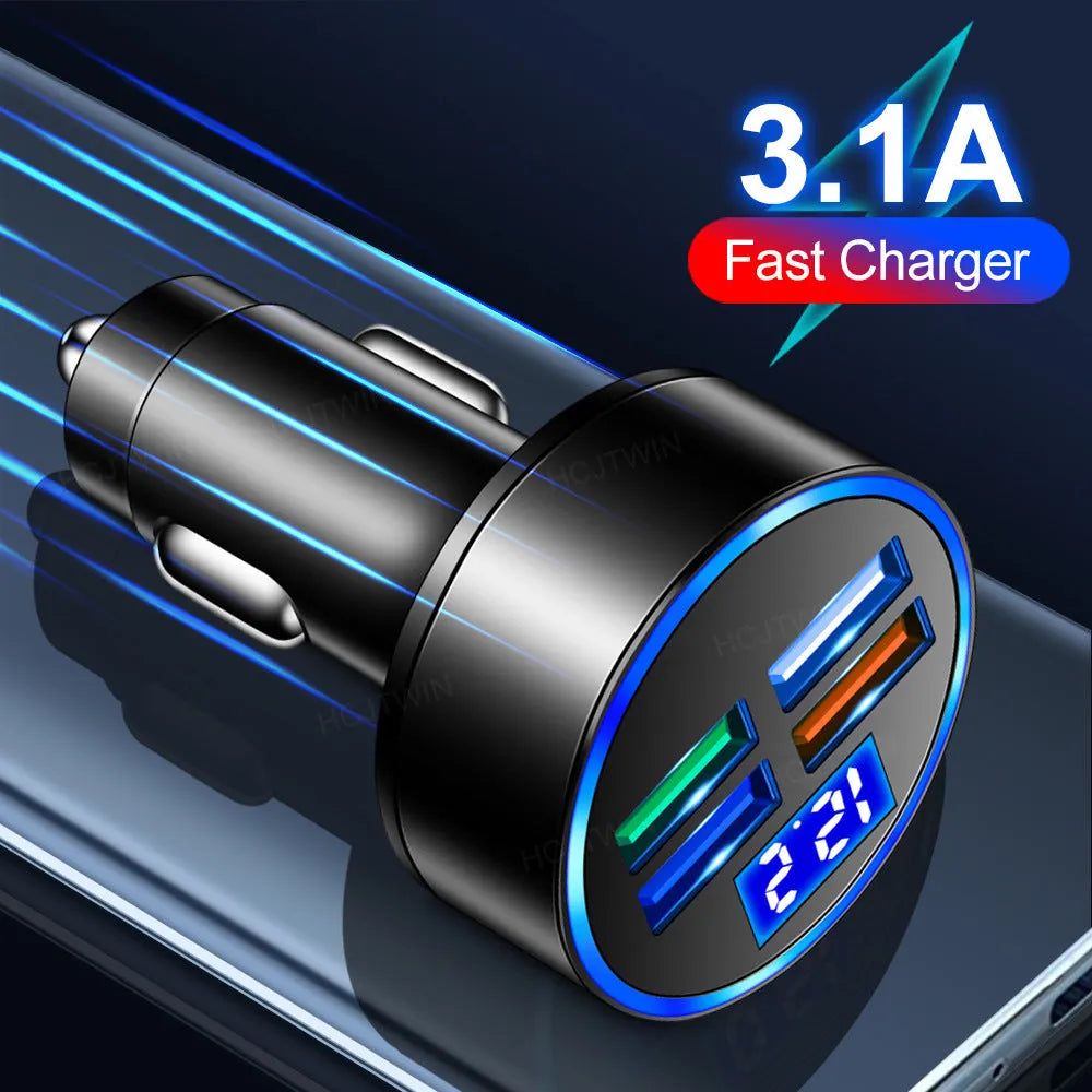 Black four-port USB car charger for vehicle cigarette lighter sockets
