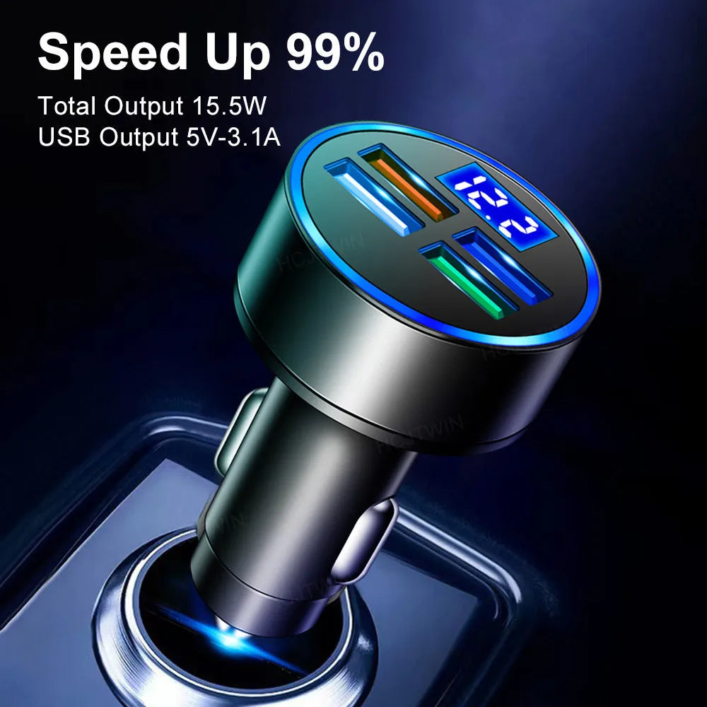 Black four-port USB car charger for vehicle cigarette lighter sockets
