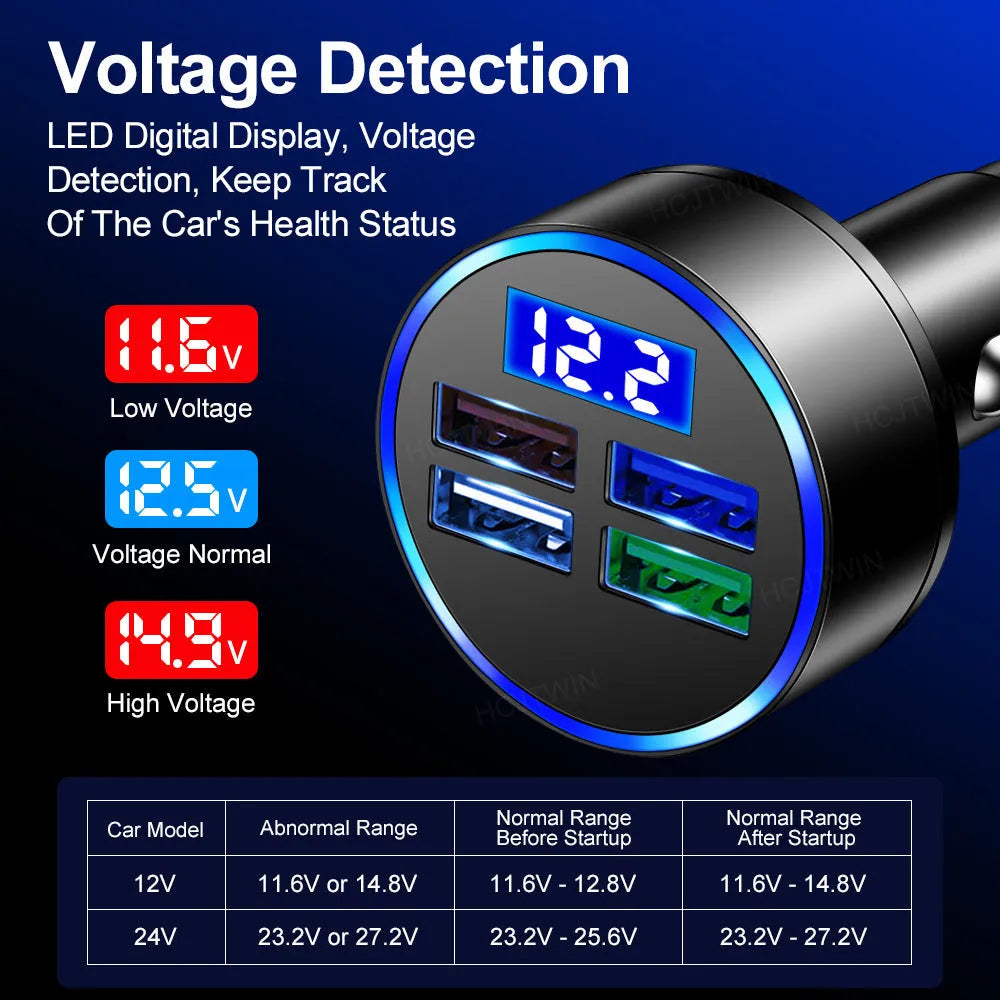 Black four-port USB car charger for vehicle cigarette lighter sockets