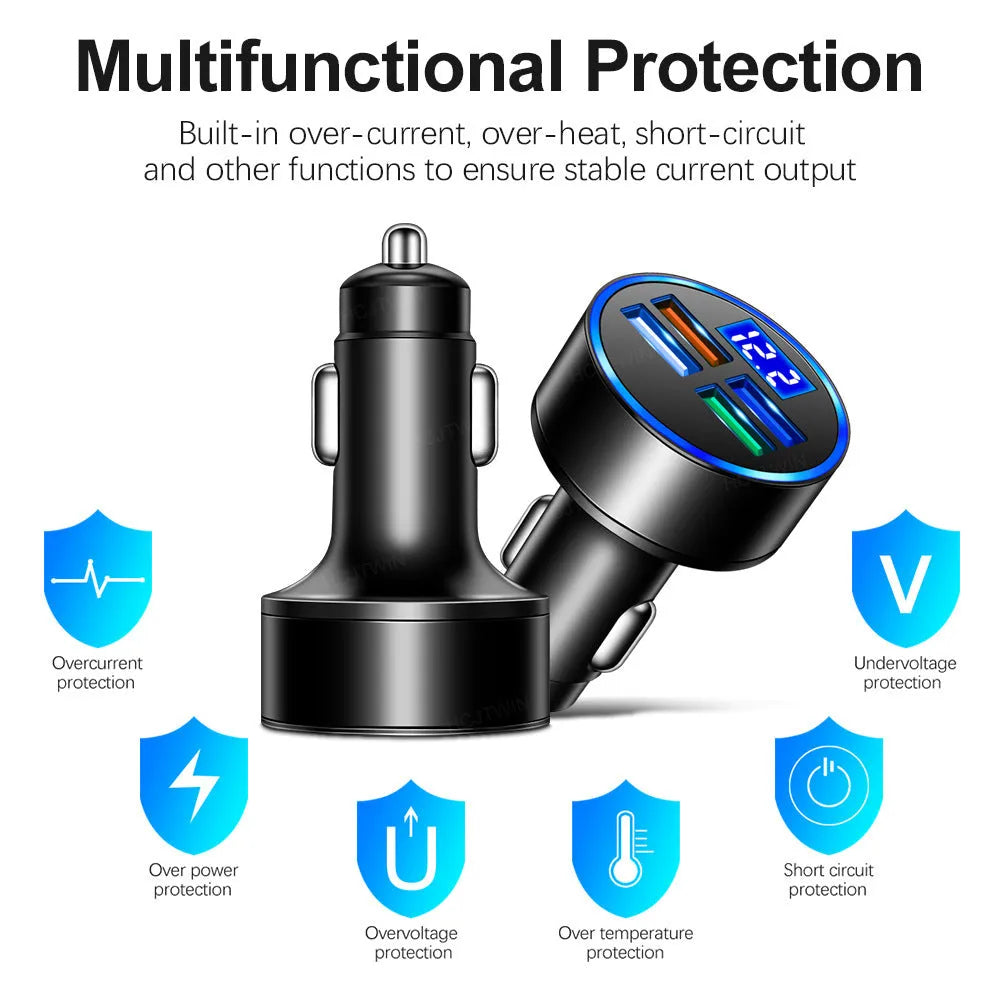 Black four-port USB car charger for vehicle cigarette lighter sockets