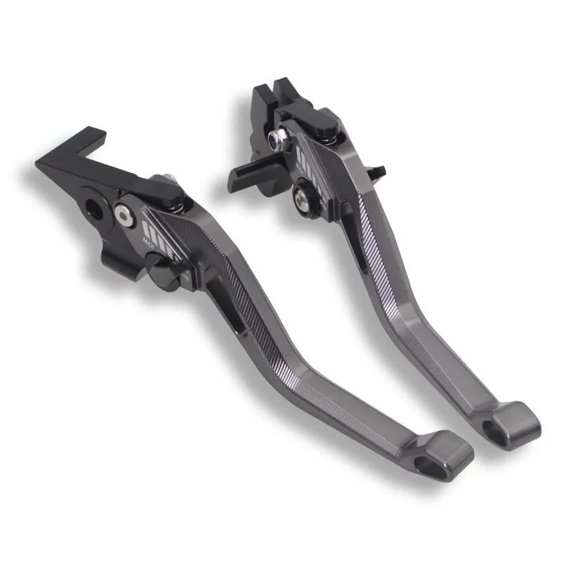 Motorcycle metal clutch lever in six colour options showing two-finger design