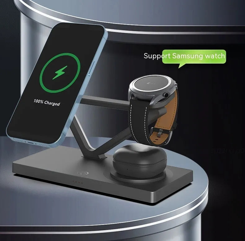 Five-in-one bedside wireless charger with magnetic phone bracket, watch charging spot, headphone charging and LED night light