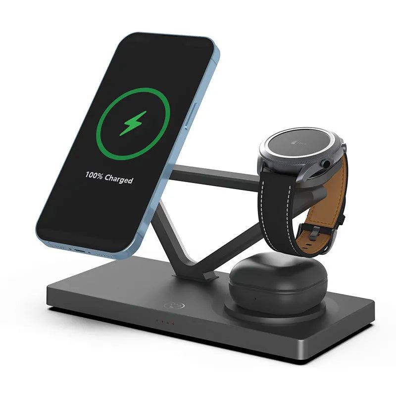 Five-in-one bedside wireless charger with magnetic phone bracket, watch charging spot, headphone charging and LED night light