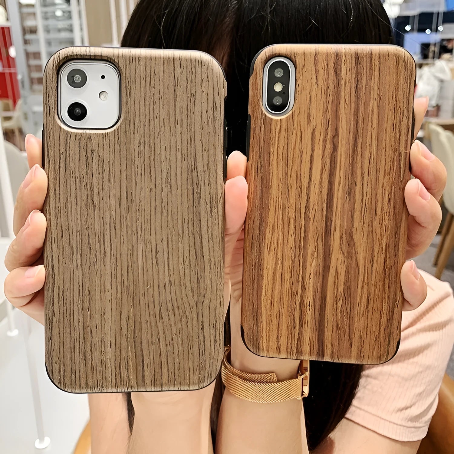 Natural wood back cover case for iPhone showing rosewood and teak colour options.
