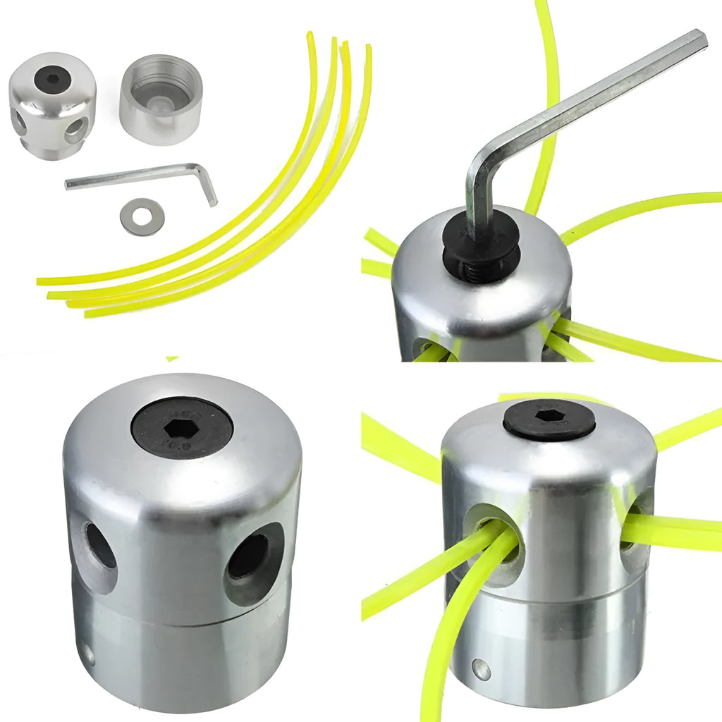 Aluminium lawn mower grass head accessory with four light yellow square ropes and installation wrench