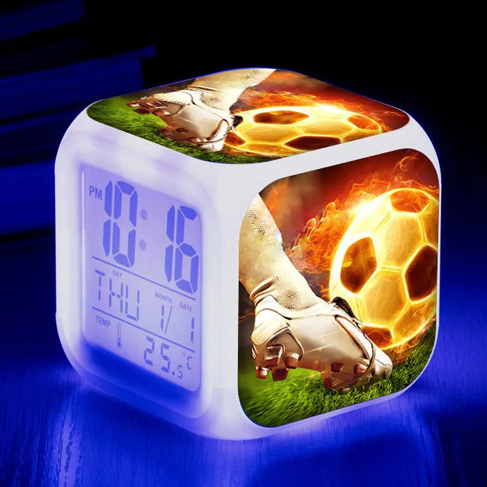 Square football pattern plastic alarm clock with cartoon design for children