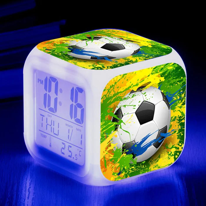 Square football pattern plastic alarm clock with cartoon design for children