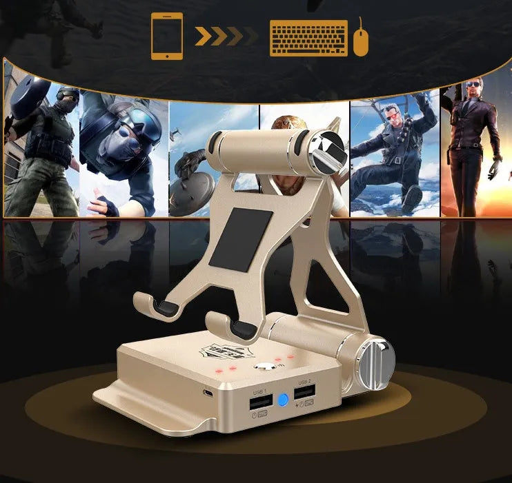 Gamesir-X1 Eat Chicken Throne Bluetooth mobile gaming controller adapter in gold or silver on a desk.