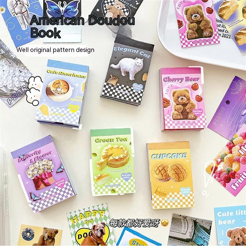 Copper board paper cartoon sticker book open showing 4x6cm sheets in various colours.